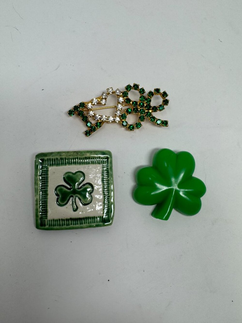 Lot 3 Vintage St Patrick’s Day Shamrock Pins Hallmark Rhinestone Ceramic